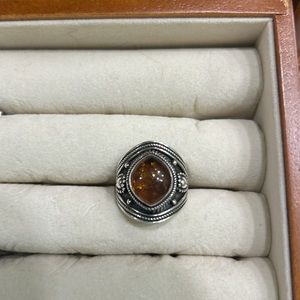 Boho style amber ring, sterling silver, size6